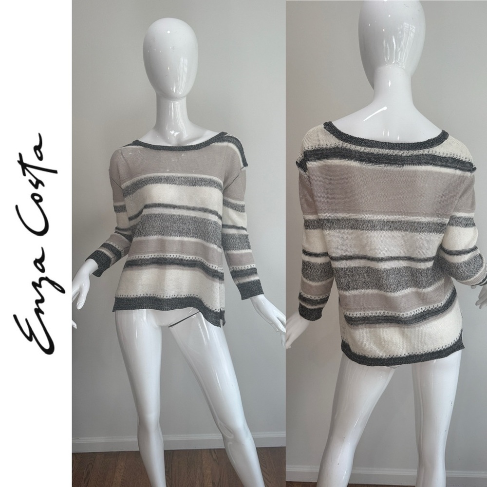ENZA COSTA Open Knit Striped Neutral Linen Lightweight Sweater